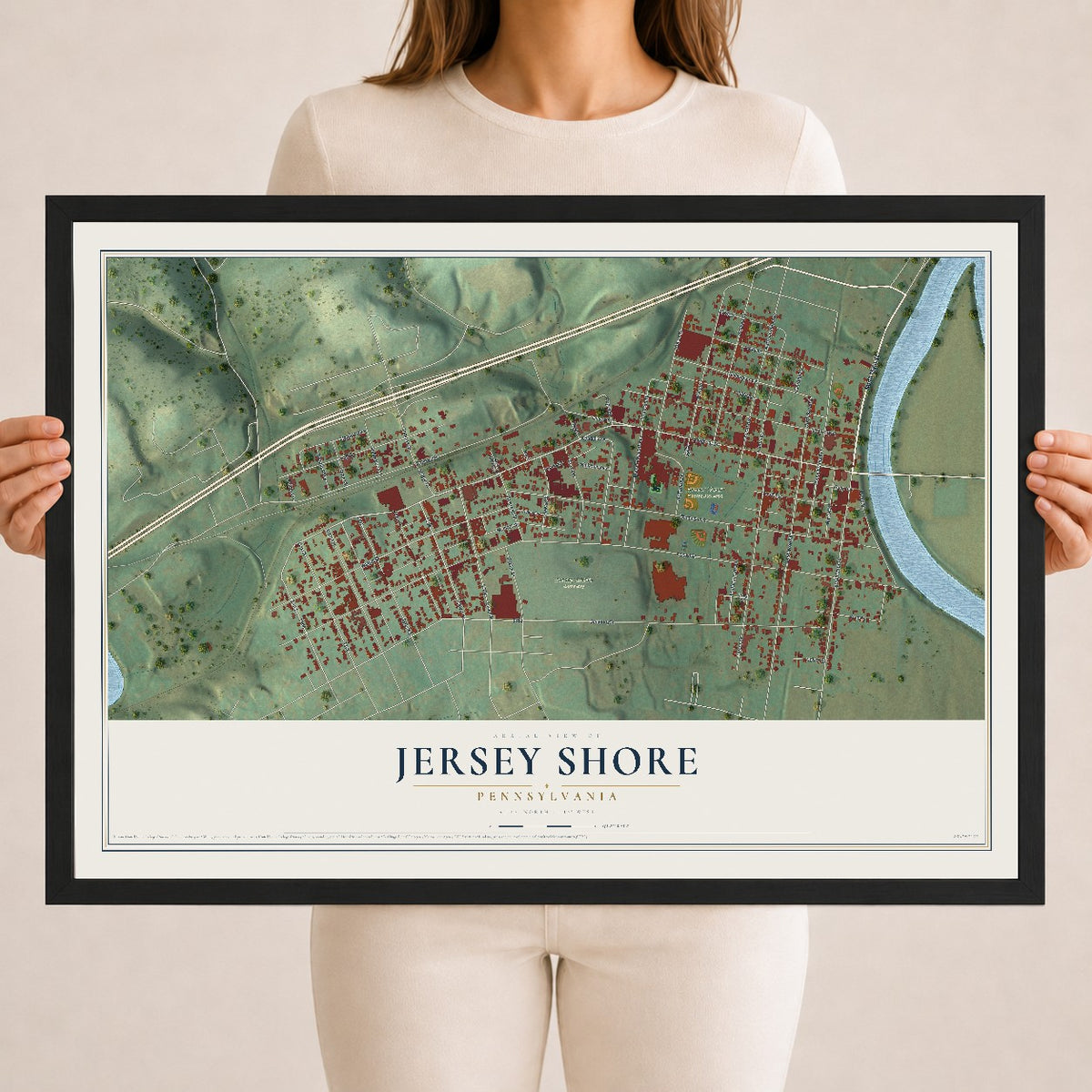 Map of Jersey Shore, Pennsylvania, 18 x 24 inch print in a black wood frame