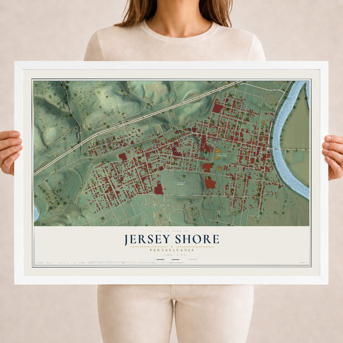 Map of Jersey Shore, Pennsylvania, 18 x 24 inch print in a white wood frame