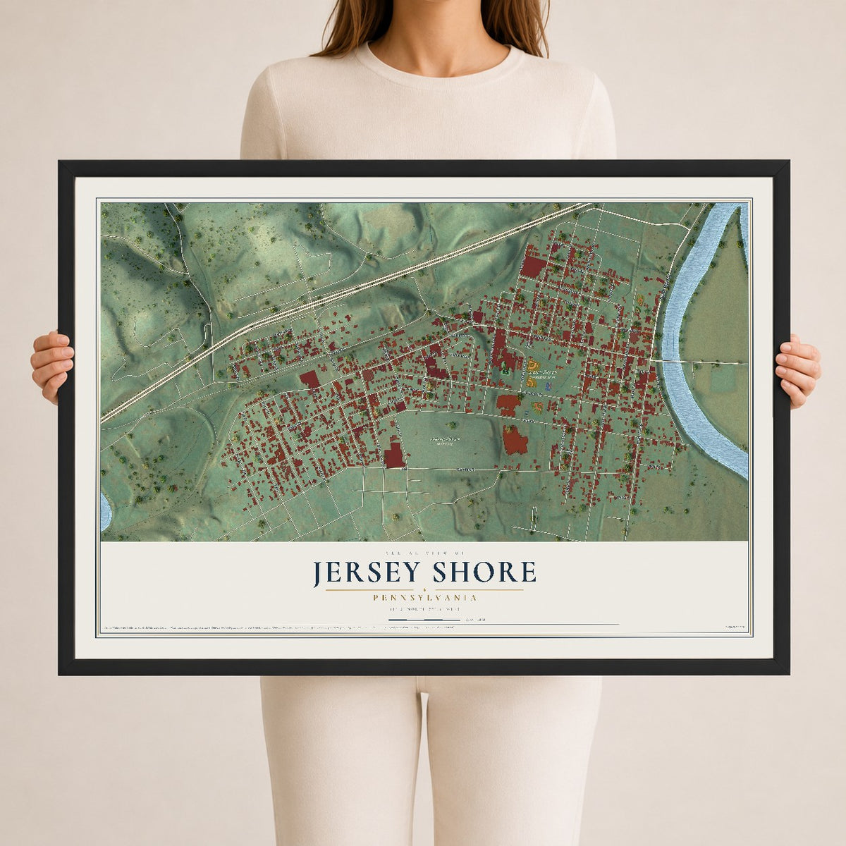 Map of Jersey Shore, Pennsylvania, 24 x 36 inch print in a black wood frame
