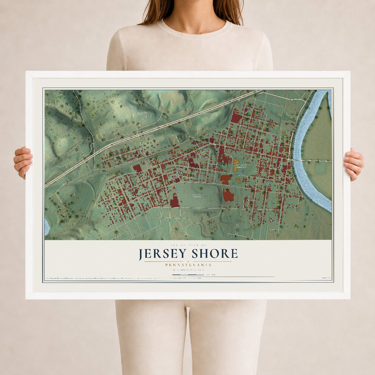Map of Jersey Shore, Pennsylvania, 24 x 36 inch print in a white wood frame