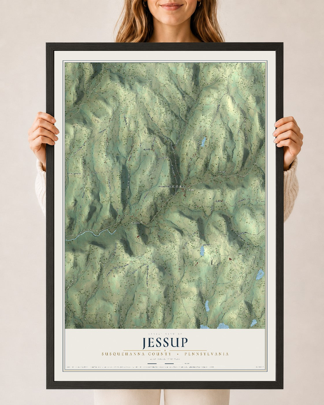 Map of Jessup, Susquehanna County, Pennsylvania, 24 x 36 inch print in a black wood frame