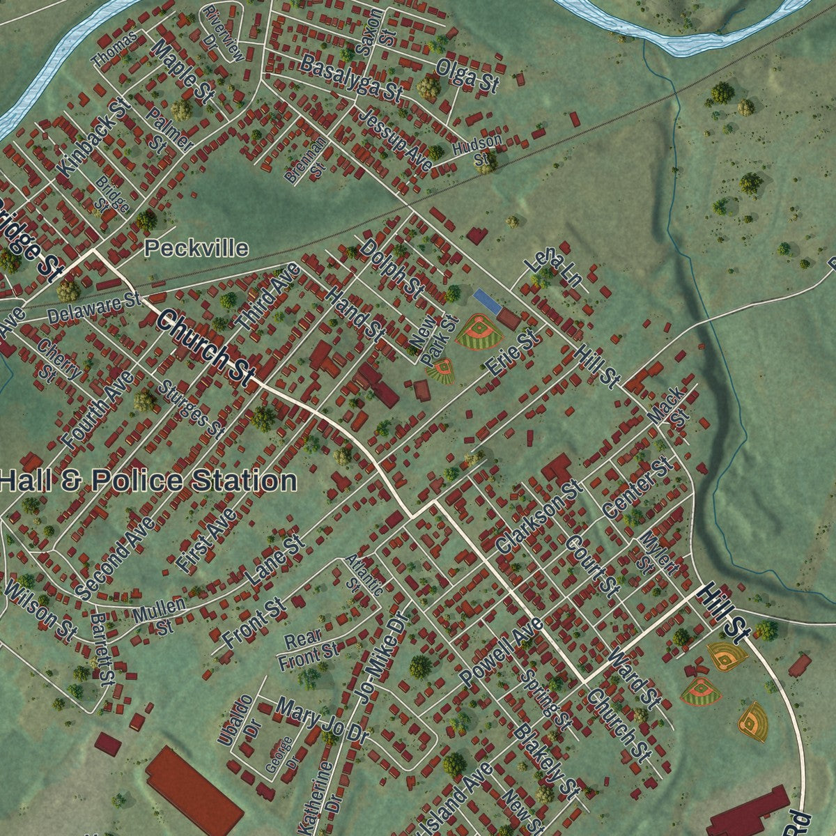 Close-up of the map of Jessup, Lackawanna County, Pennsylvania print showing street and building detail