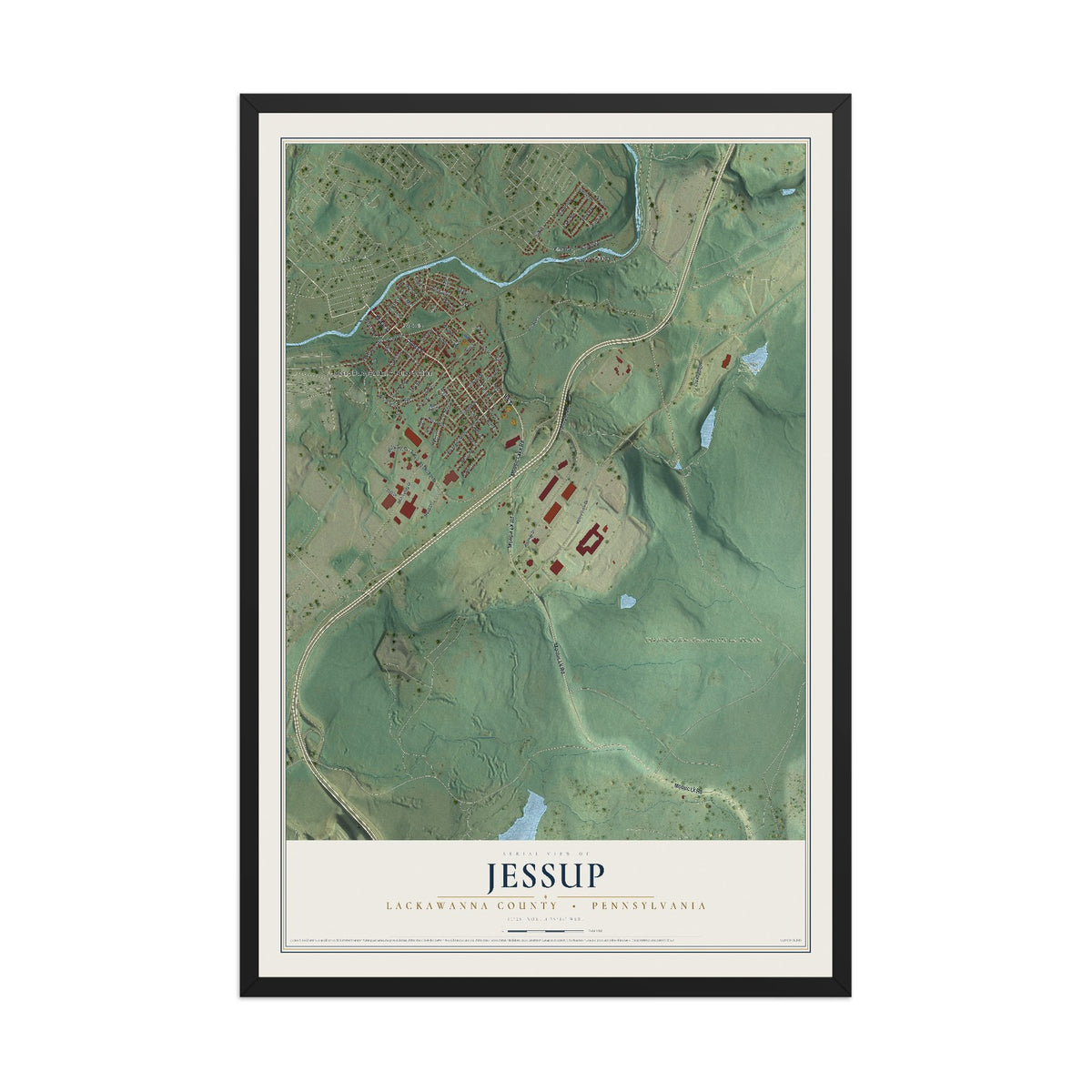 Map of Jessup, Lackawanna County, Pennsylvania, 12 x 18 inch print in a black wood frame