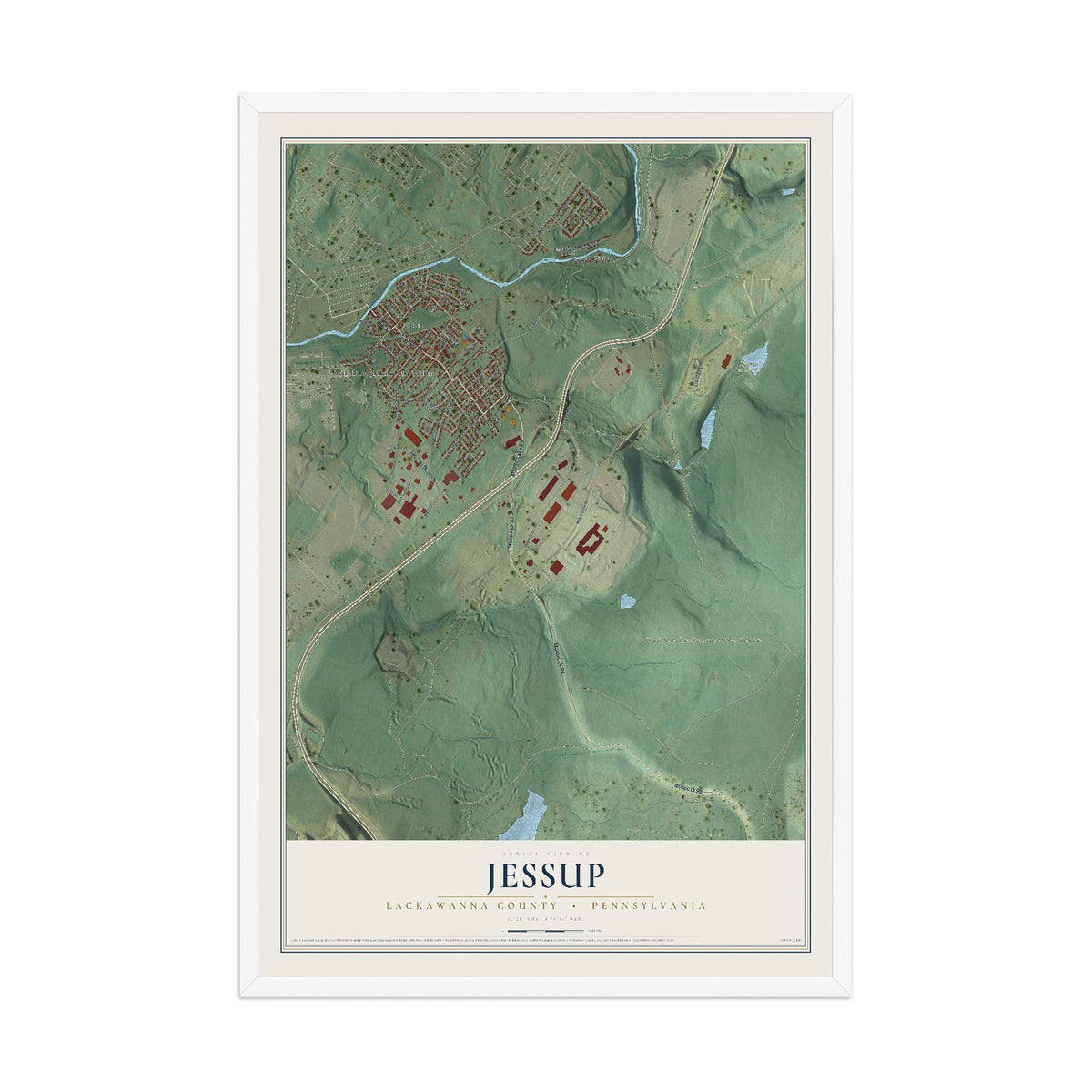 Map of Jessup, Lackawanna County, Pennsylvania, 12 x 18 inch print in a white wood frame
