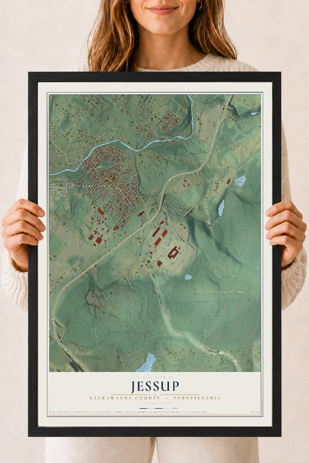 Map of Jessup, Lackawanna County, Pennsylvania, 18 x 24 inch print in a black wood frame