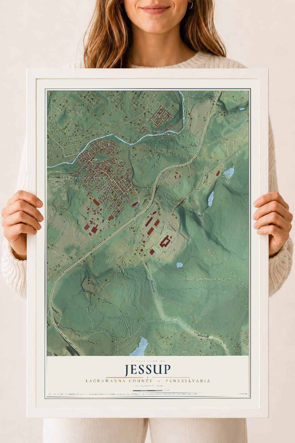 Map of Jessup, Lackawanna County, Pennsylvania, 18 x 24 inch print in a white wood frame