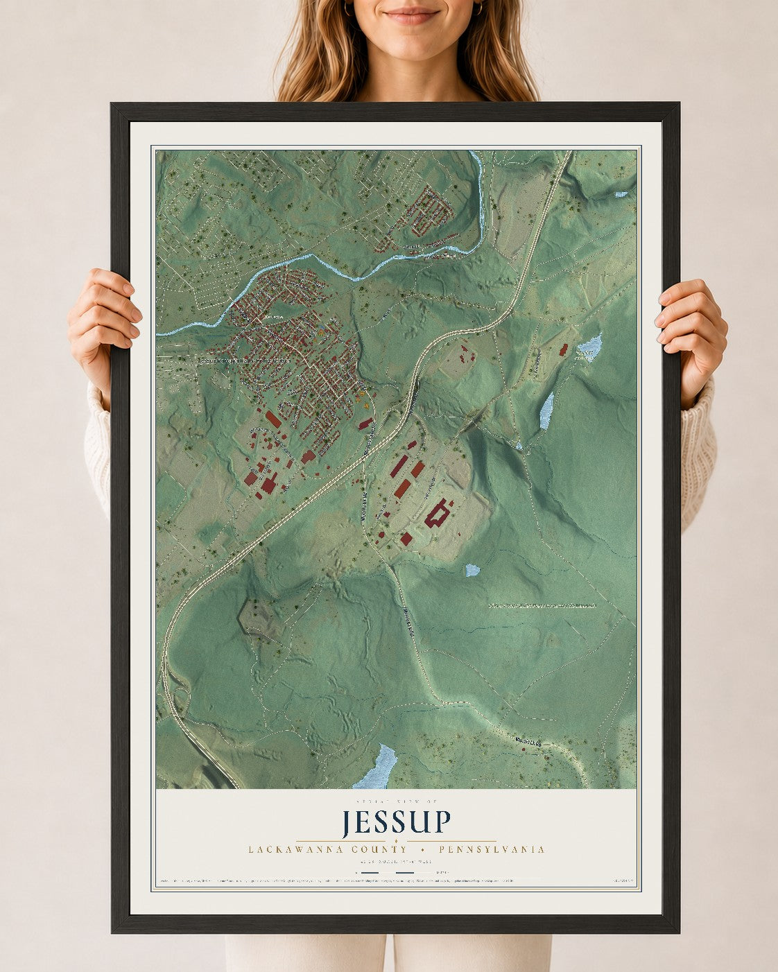 Map of Jessup, Lackawanna County, Pennsylvania, 24 x 36 inch print in a black wood frame