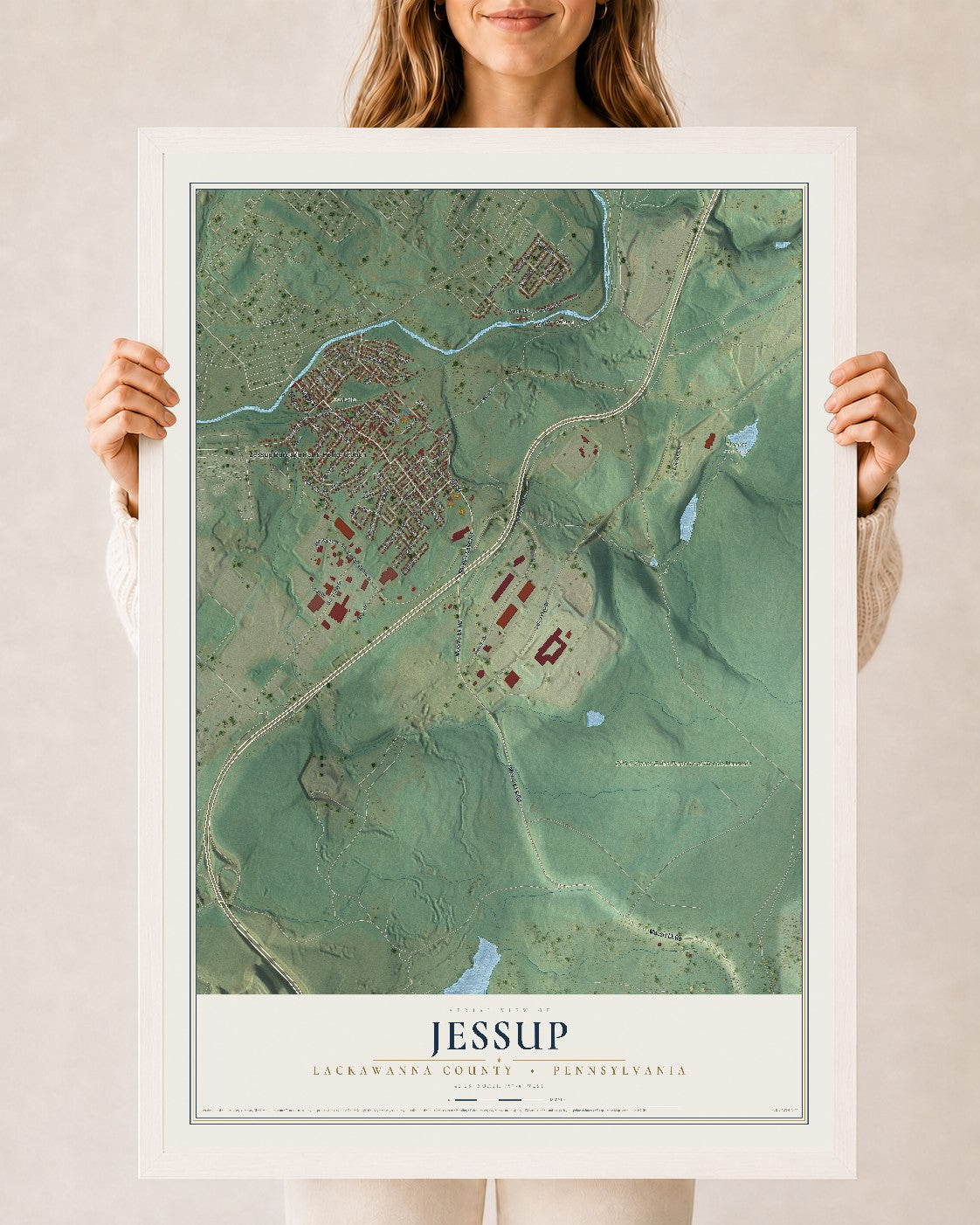Map of Jessup, Lackawanna County, Pennsylvania, 24 x 36 inch print in a white wood frame