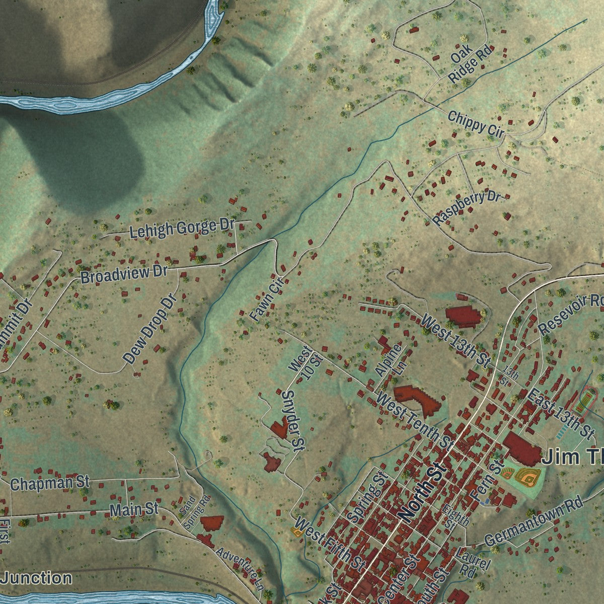Close-up of the map of Jim Thorpe, Pennsylvania print showing street and building detail