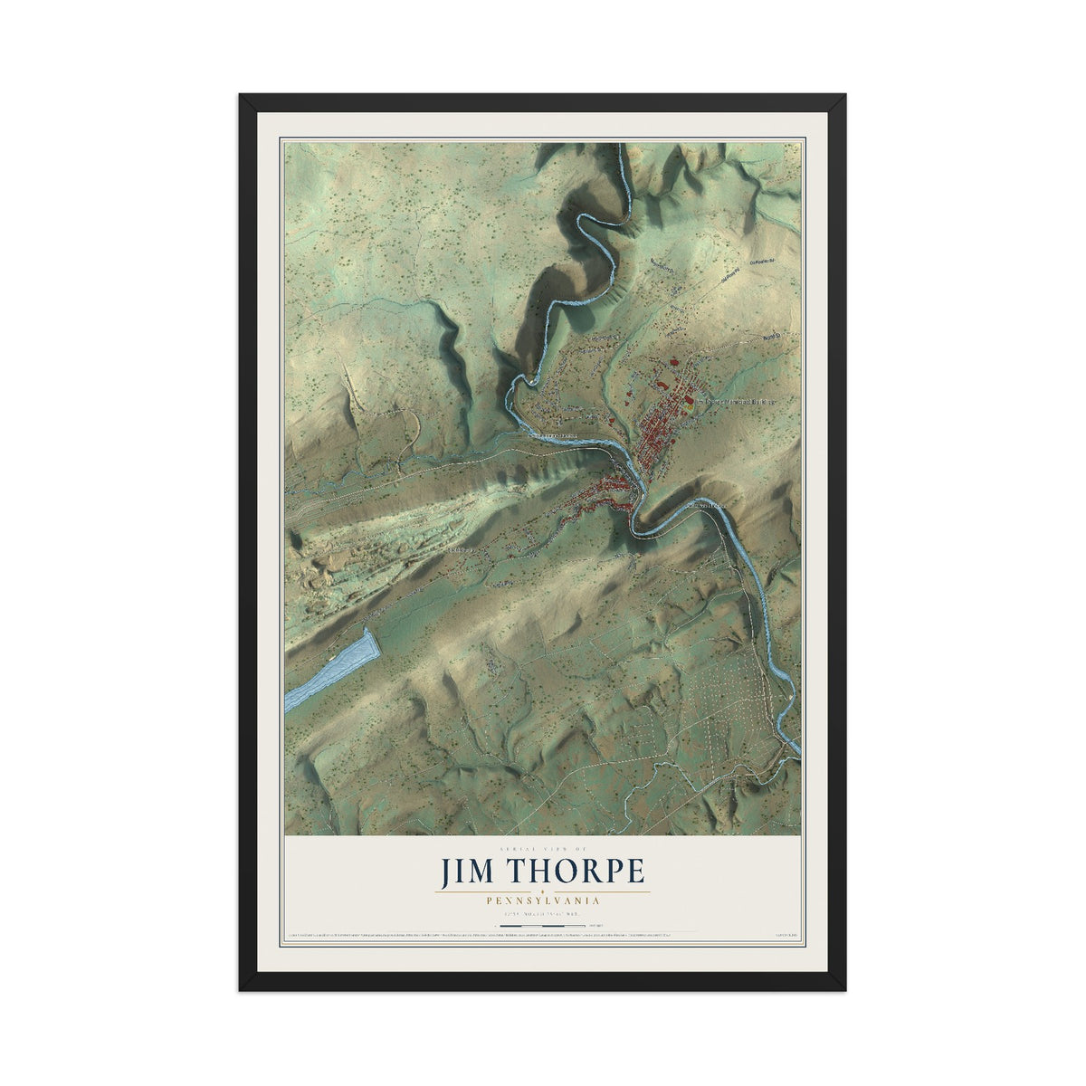 Map of Jim Thorpe, Pennsylvania, 12 x 18 inch print in a black wood frame