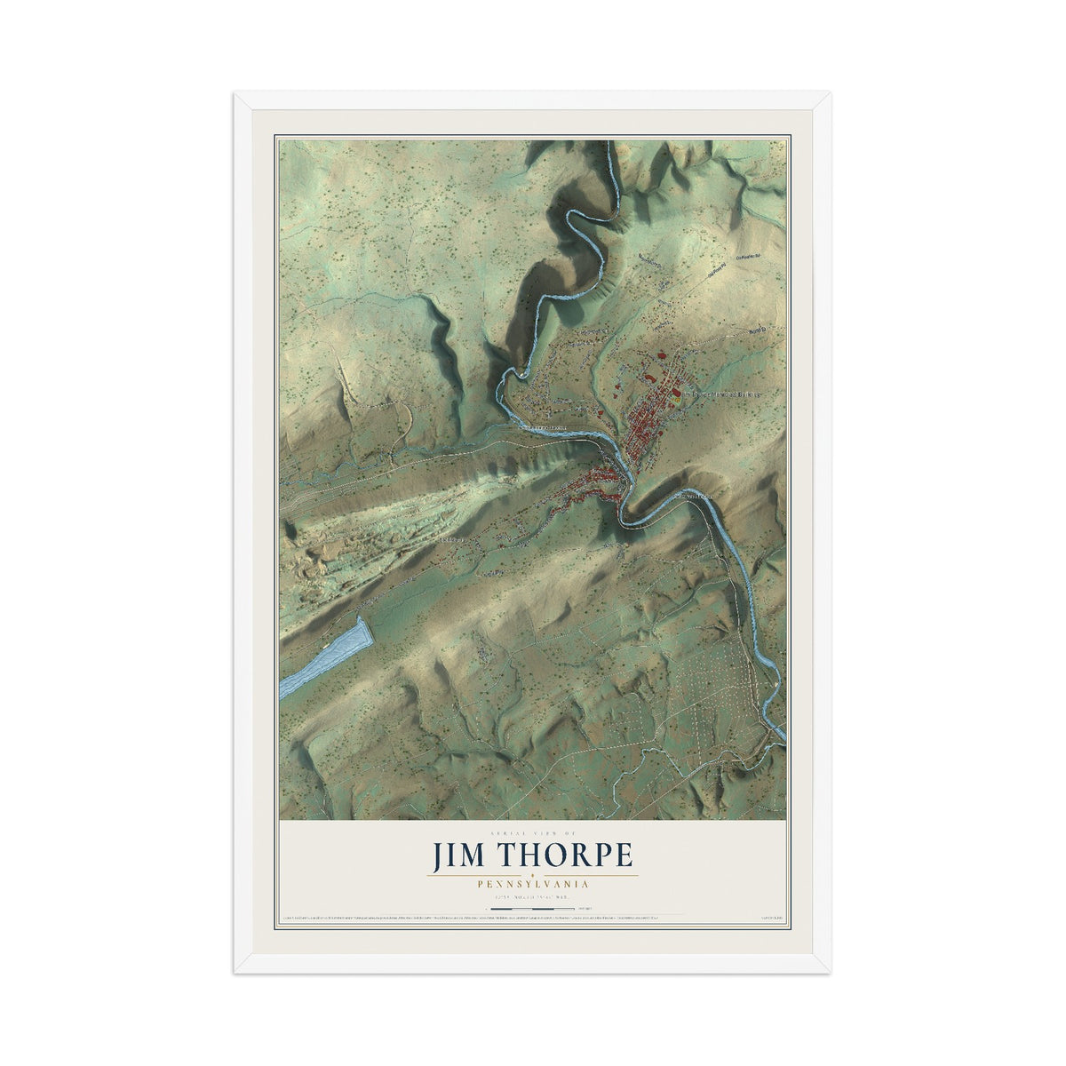 Map of Jim Thorpe, Pennsylvania, 12 x 18 inch print in a white wood frame
