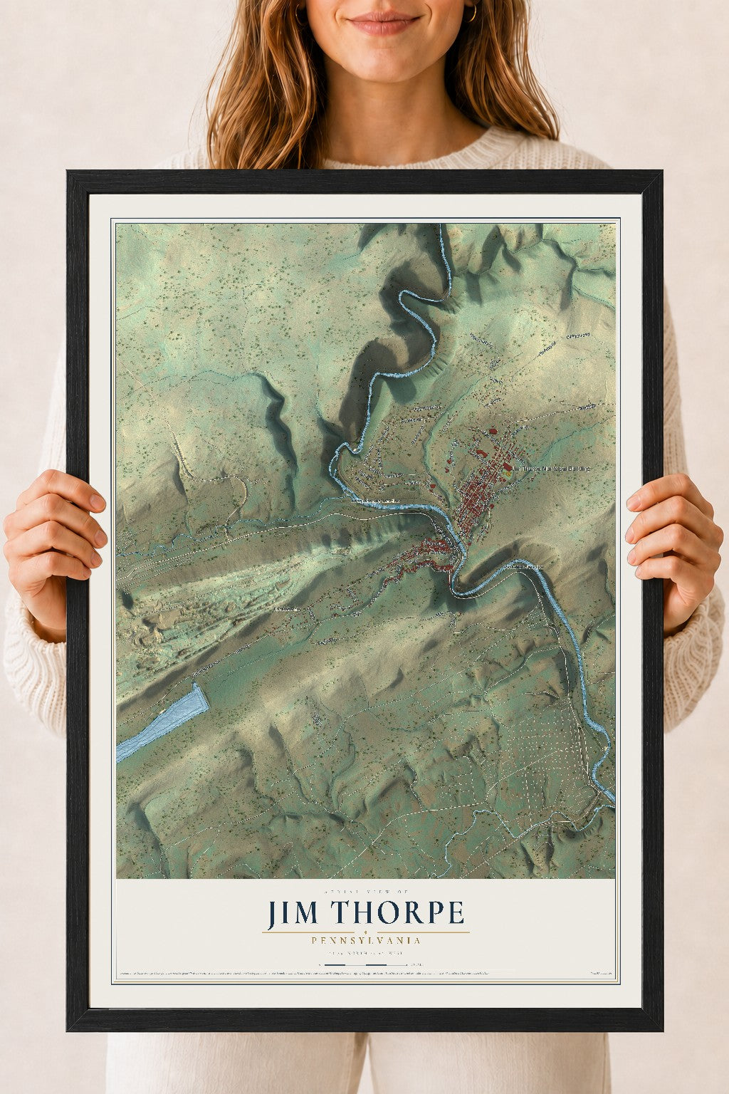 Map of Jim Thorpe, Pennsylvania, 18 x 24 inch print in a black wood frame