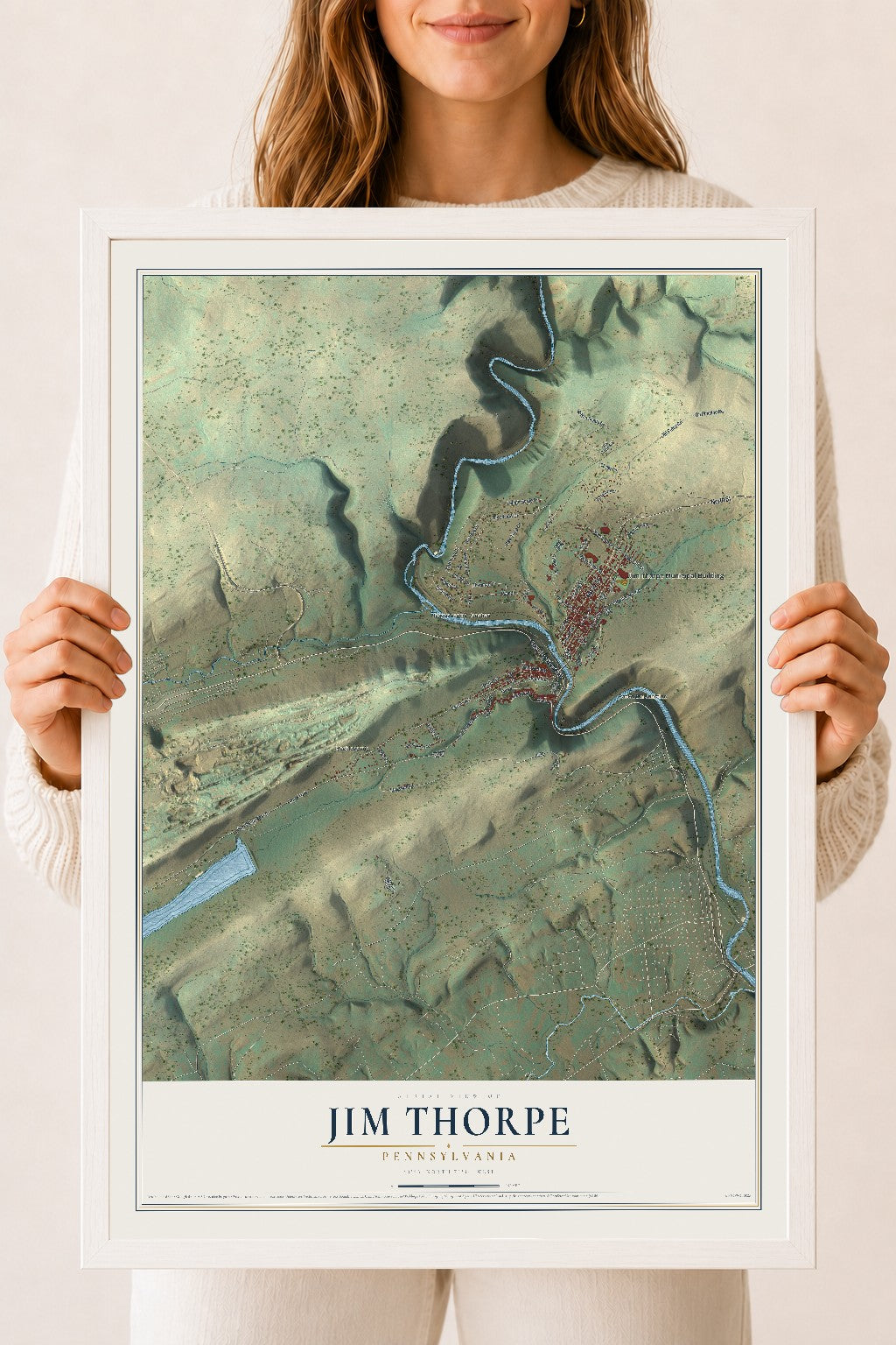 Map of Jim Thorpe, Pennsylvania, 18 x 24 inch print in a white wood frame