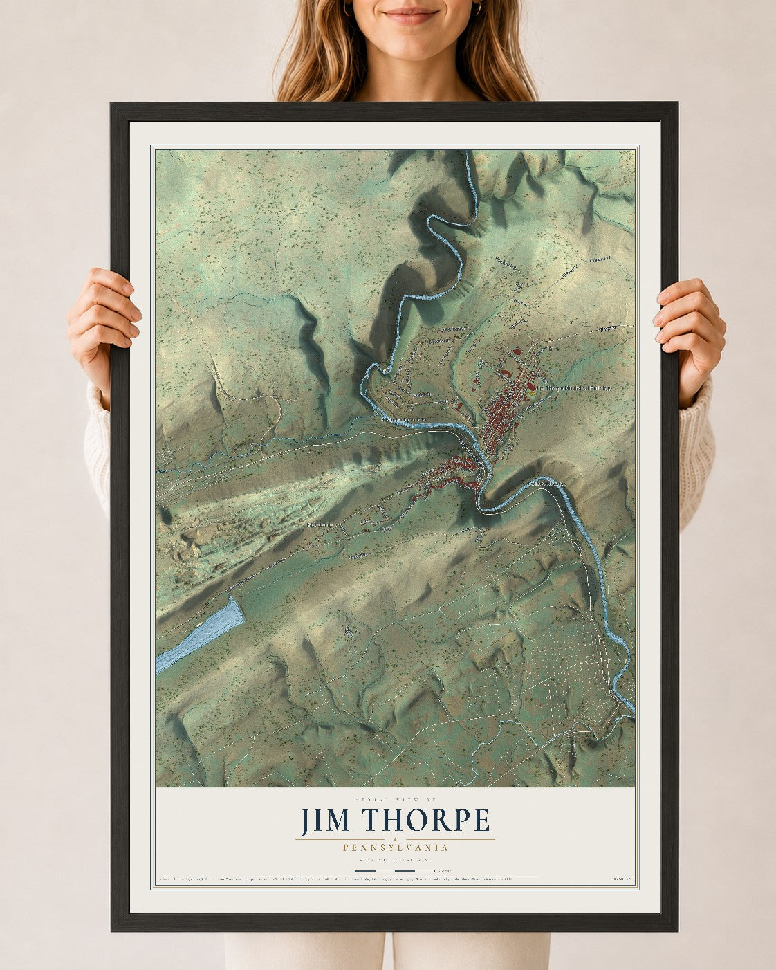 Map of Jim Thorpe, Pennsylvania, 24 x 36 inch print in a black wood frame