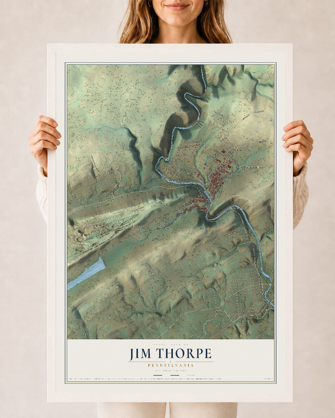 Map of Jim Thorpe, Pennsylvania, 24 x 36 inch print in a white wood frame