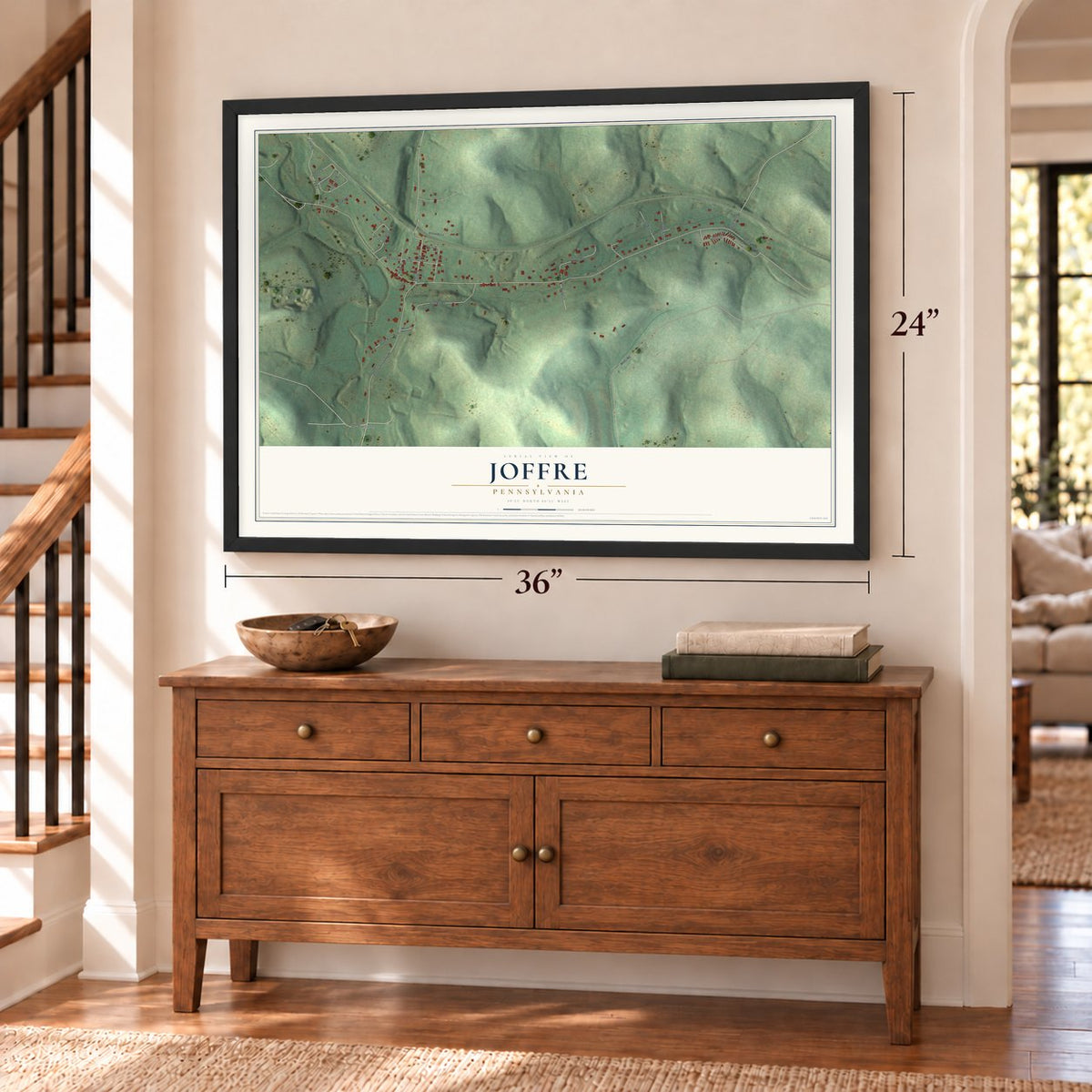 Joffre, Pennsylvania map, 24 x 36 inch print in a black frame above a dresser by a staircase