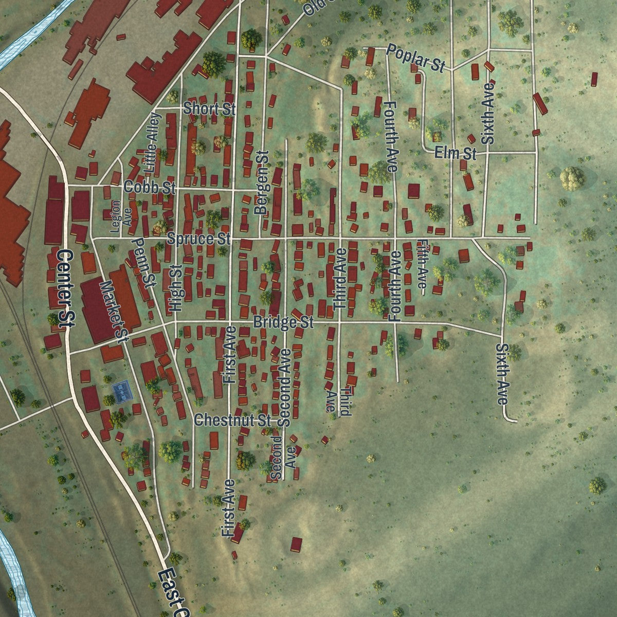 Close-up of the map of Johnsonburg, Pennsylvania print showing street and building detail