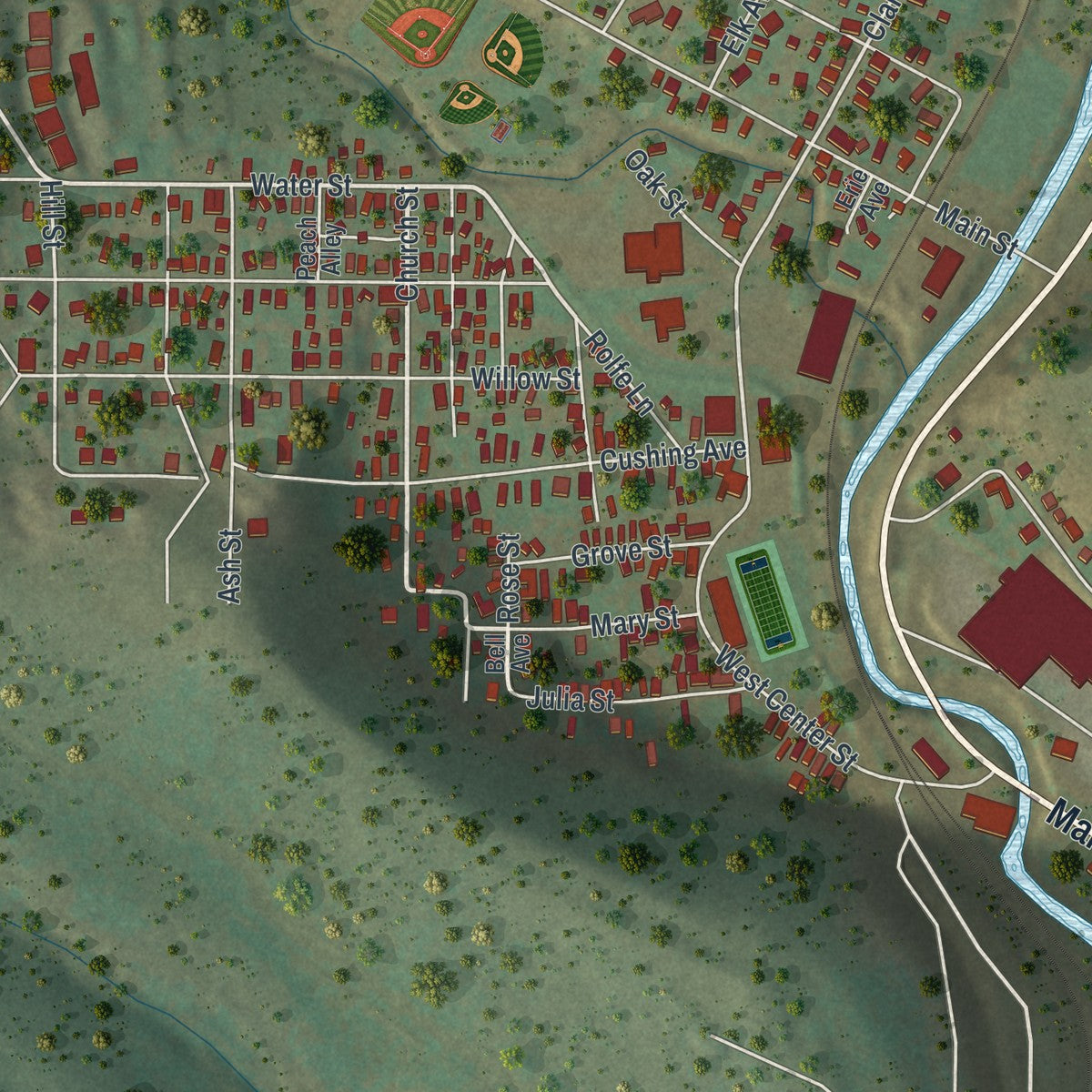 Second close-up of the map of Johnsonburg, Pennsylvania print showing more streets and buildings