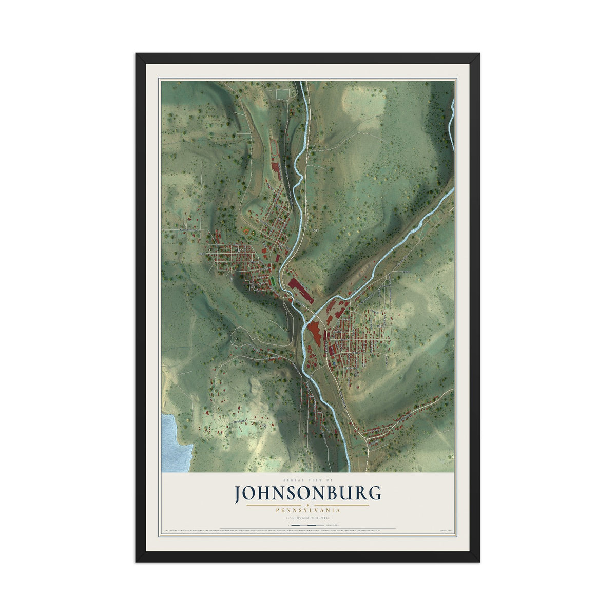 Map of Johnsonburg, Pennsylvania, 12 x 18 inch print in a black wood frame