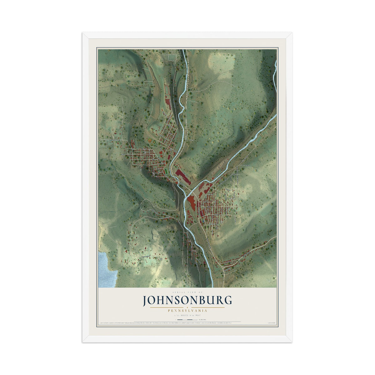 Map of Johnsonburg, Pennsylvania, 12 x 18 inch print in a white wood frame