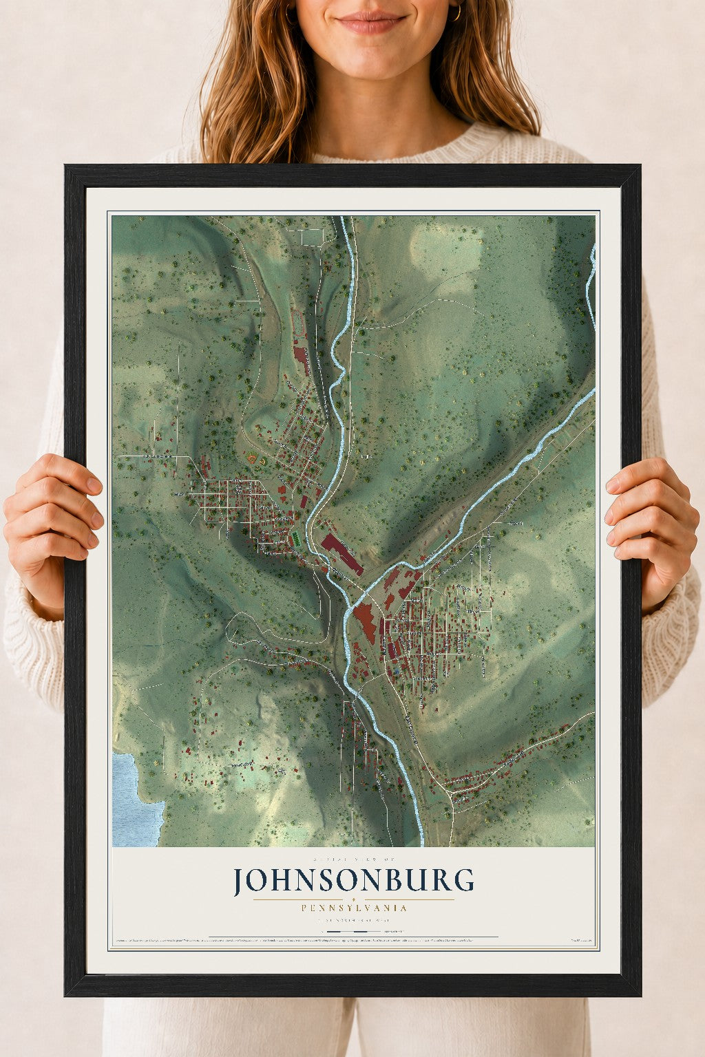 Map of Johnsonburg, Pennsylvania, 18 x 24 inch print in a black wood frame