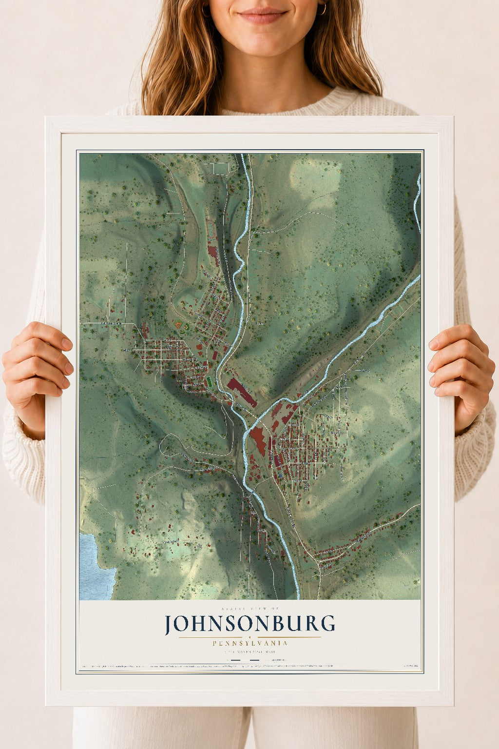 Map of Johnsonburg, Pennsylvania, 18 x 24 inch print in a white wood frame