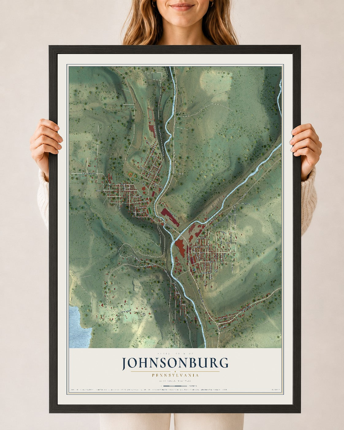 Map of Johnsonburg, Pennsylvania, 24 x 36 inch print in a black wood frame