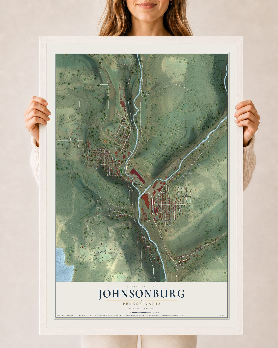 Map of Johnsonburg, Pennsylvania, 24 x 36 inch print in a white wood frame