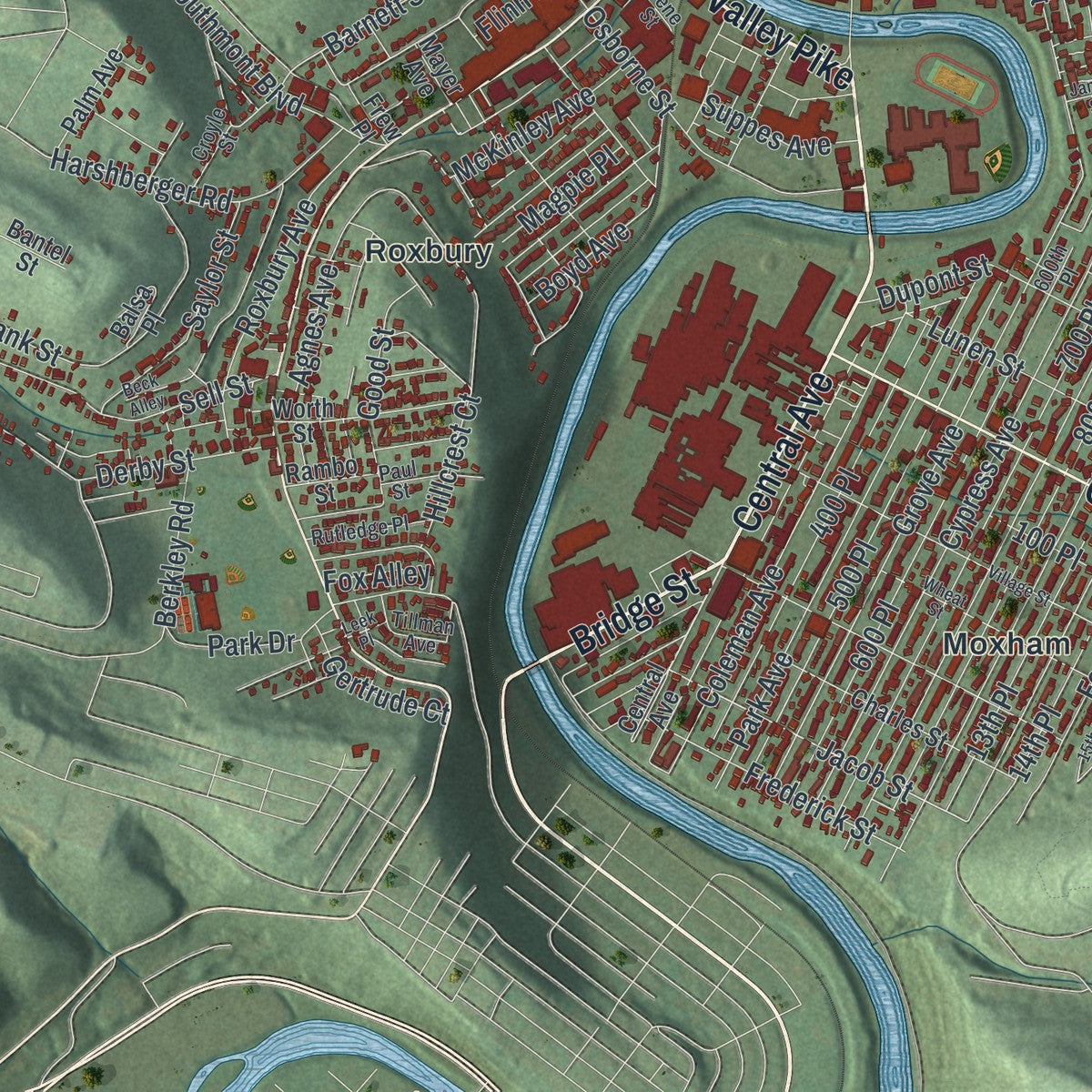 Close-up of the map of Johnstown, Pennsylvania print showing street and building detail