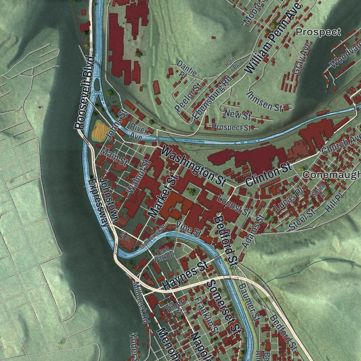 Second close-up of the map of Johnstown, Pennsylvania print showing more streets and buildings