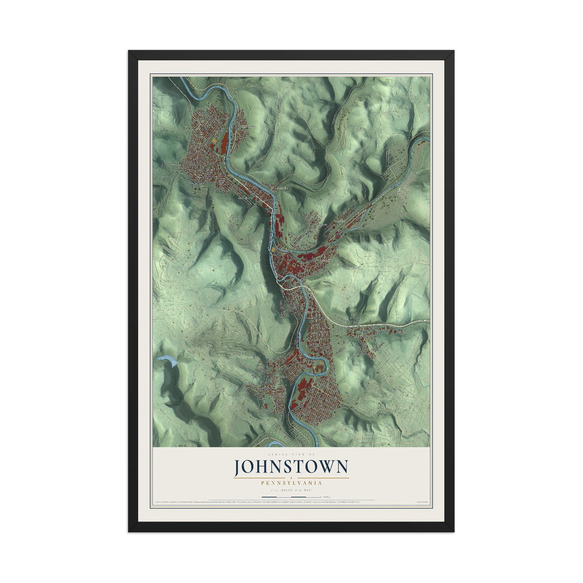 Map of Johnstown, Pennsylvania, 12 x 18 inch print in a black wood frame