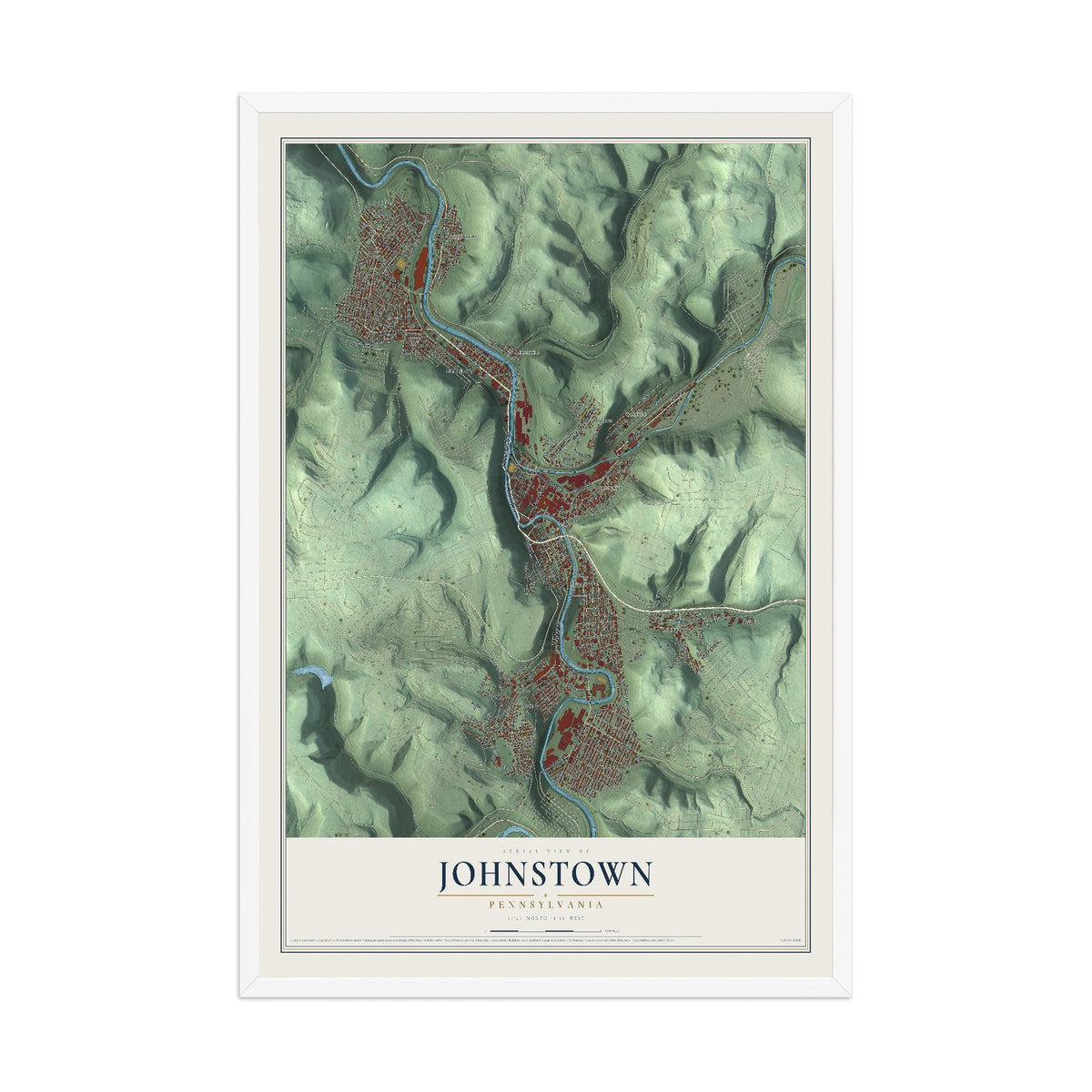 Map of Johnstown, Pennsylvania, 12 x 18 inch print in a white wood frame