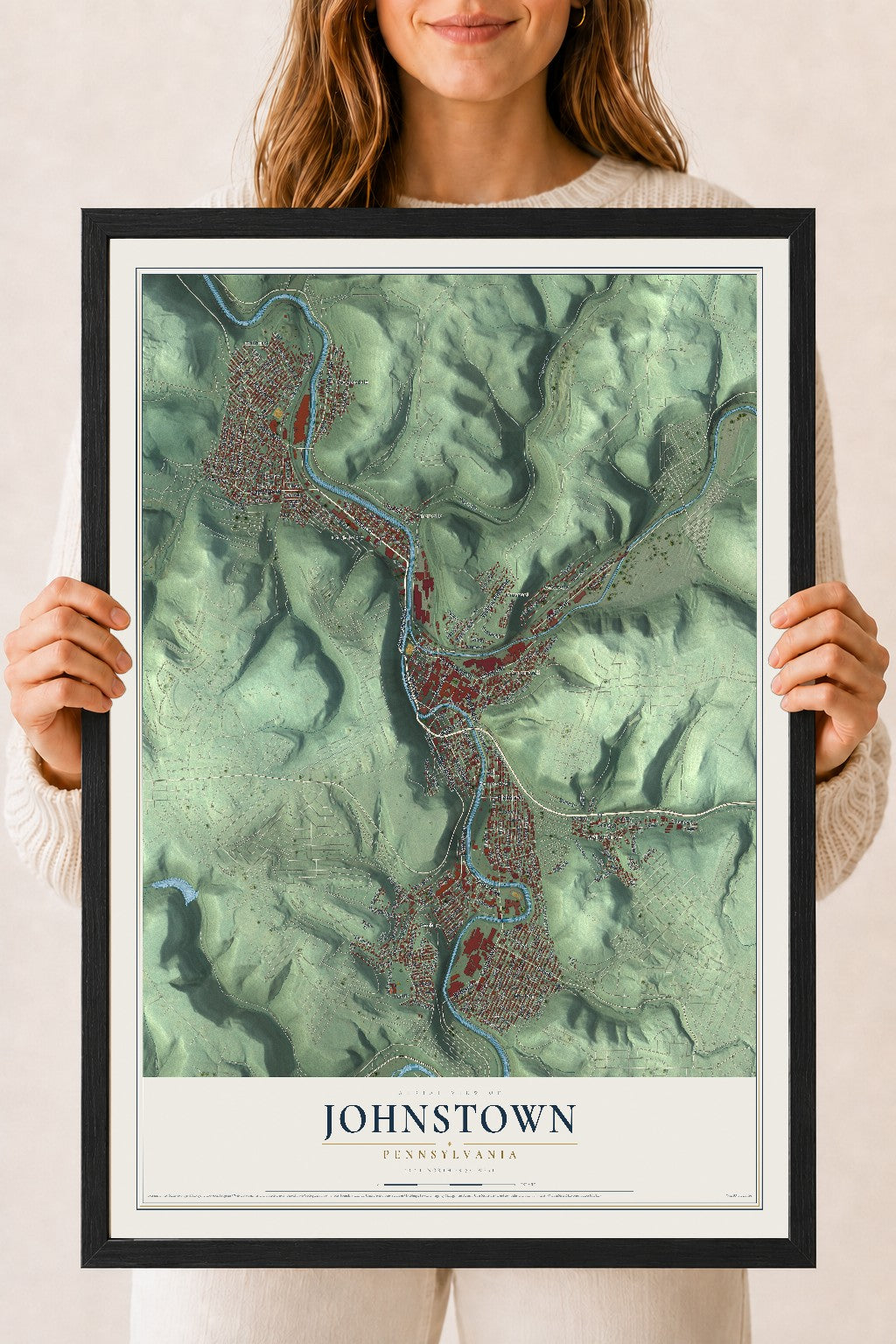 Map of Johnstown, Pennsylvania, 18 x 24 inch print in a black wood frame