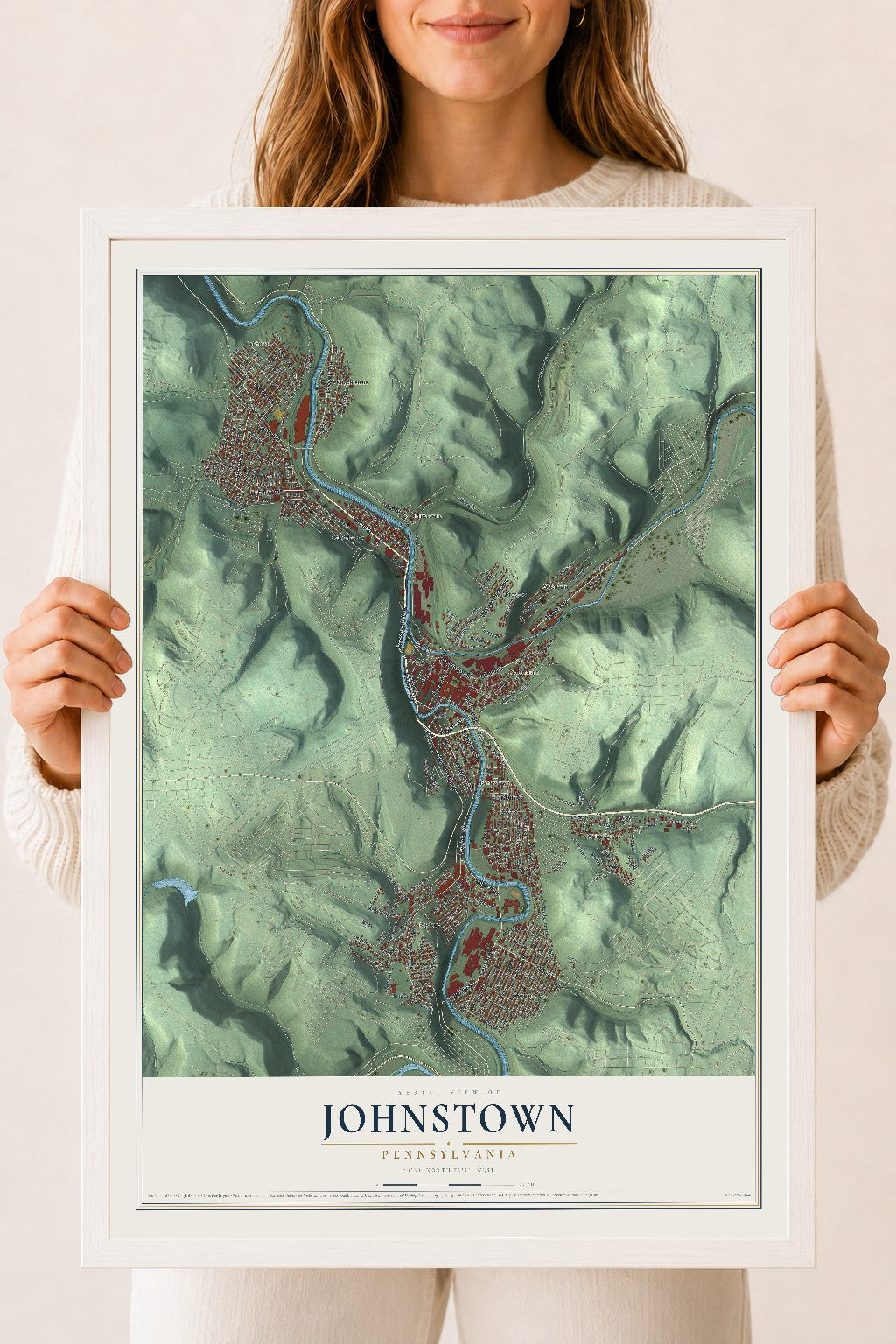 Map of Johnstown, Pennsylvania, 18 x 24 inch print in a white wood frame