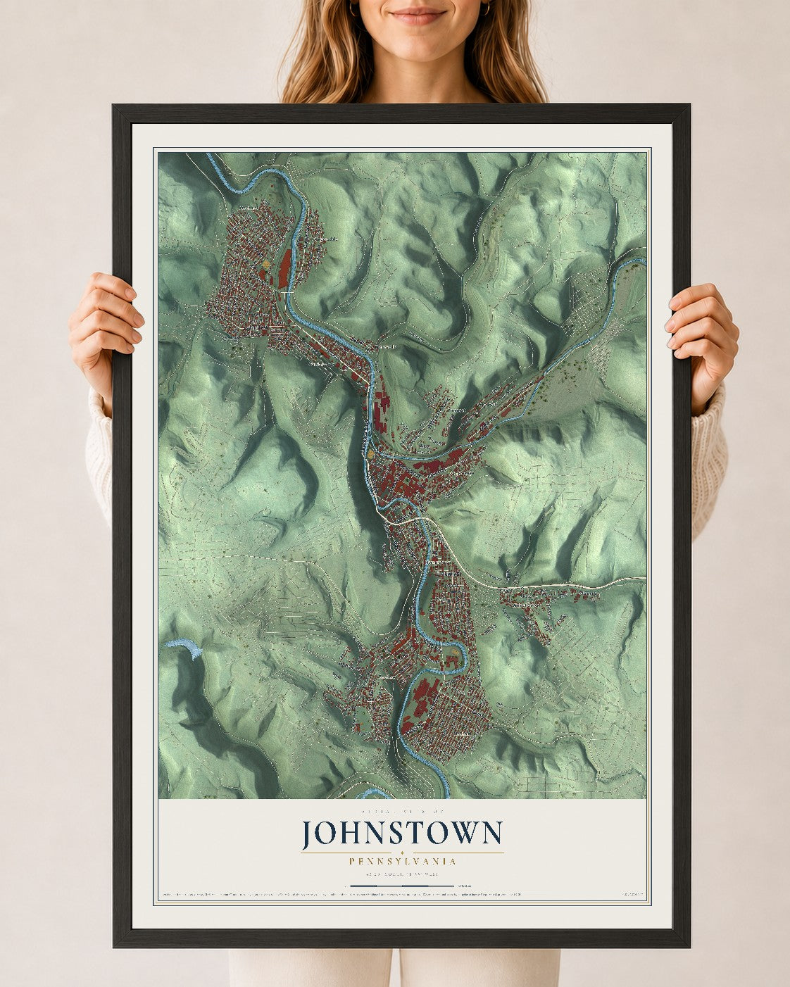Map of Johnstown, Pennsylvania, 24 x 36 inch print in a black wood frame