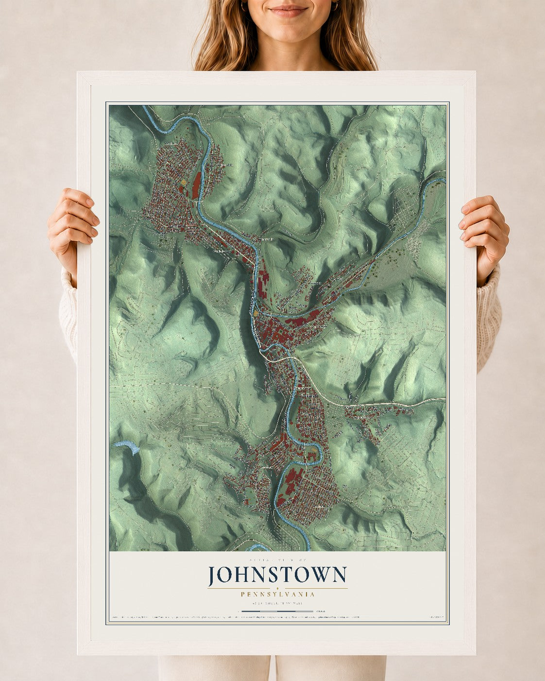 Map of Johnstown, Pennsylvania, 24 x 36 inch print in a white wood frame