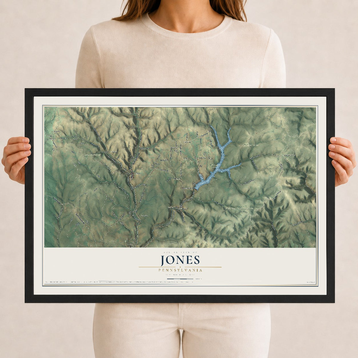 Map of Jones, Pennsylvania, 12 x 18 inch print in a black wood frame