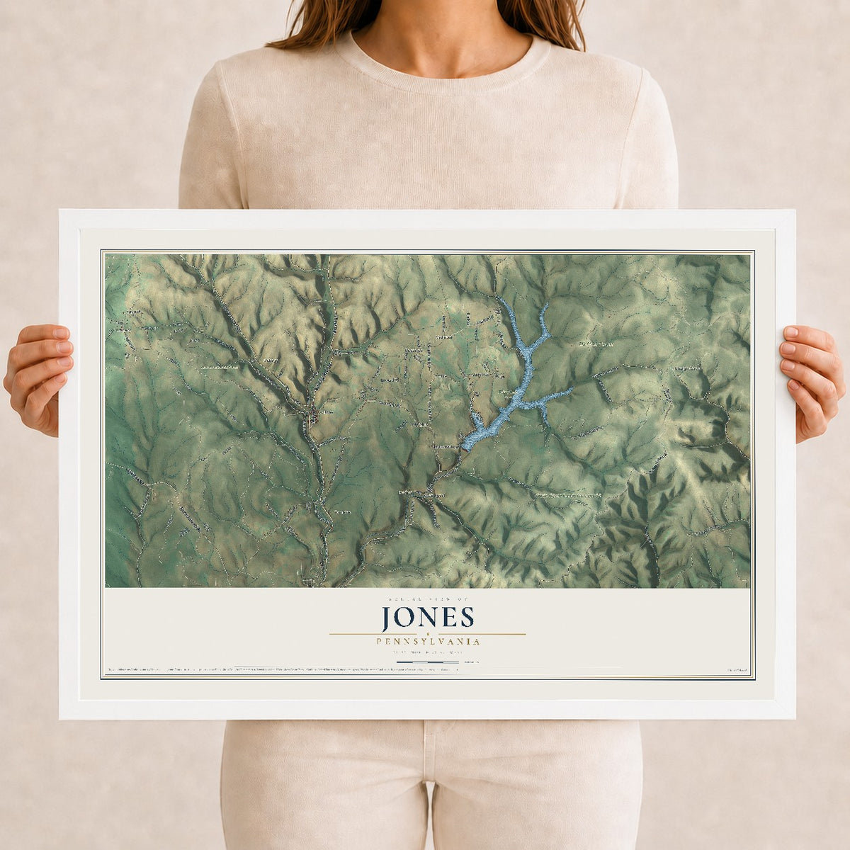 Map of Jones, Pennsylvania, 12 x 18 inch print in a white wood frame