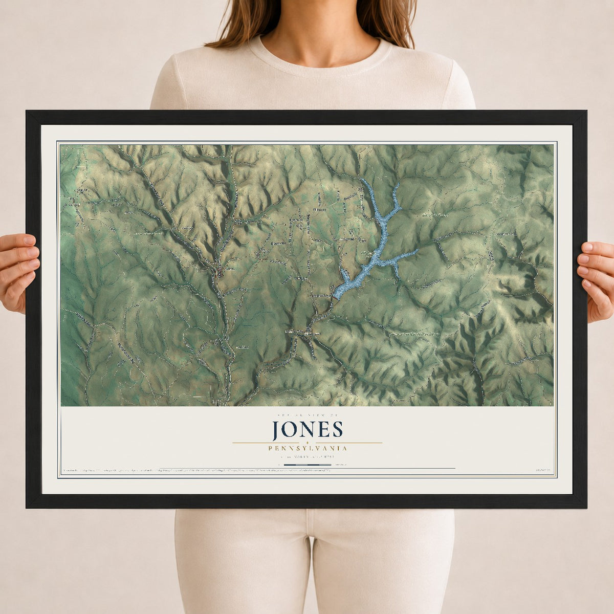 Map of Jones, Pennsylvania, 18 x 24 inch print in a black wood frame
