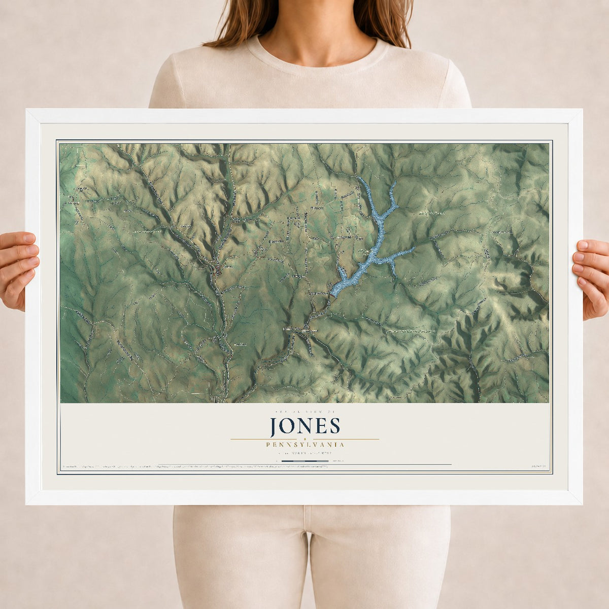 Map of Jones, Pennsylvania, 18 x 24 inch print in a white wood frame