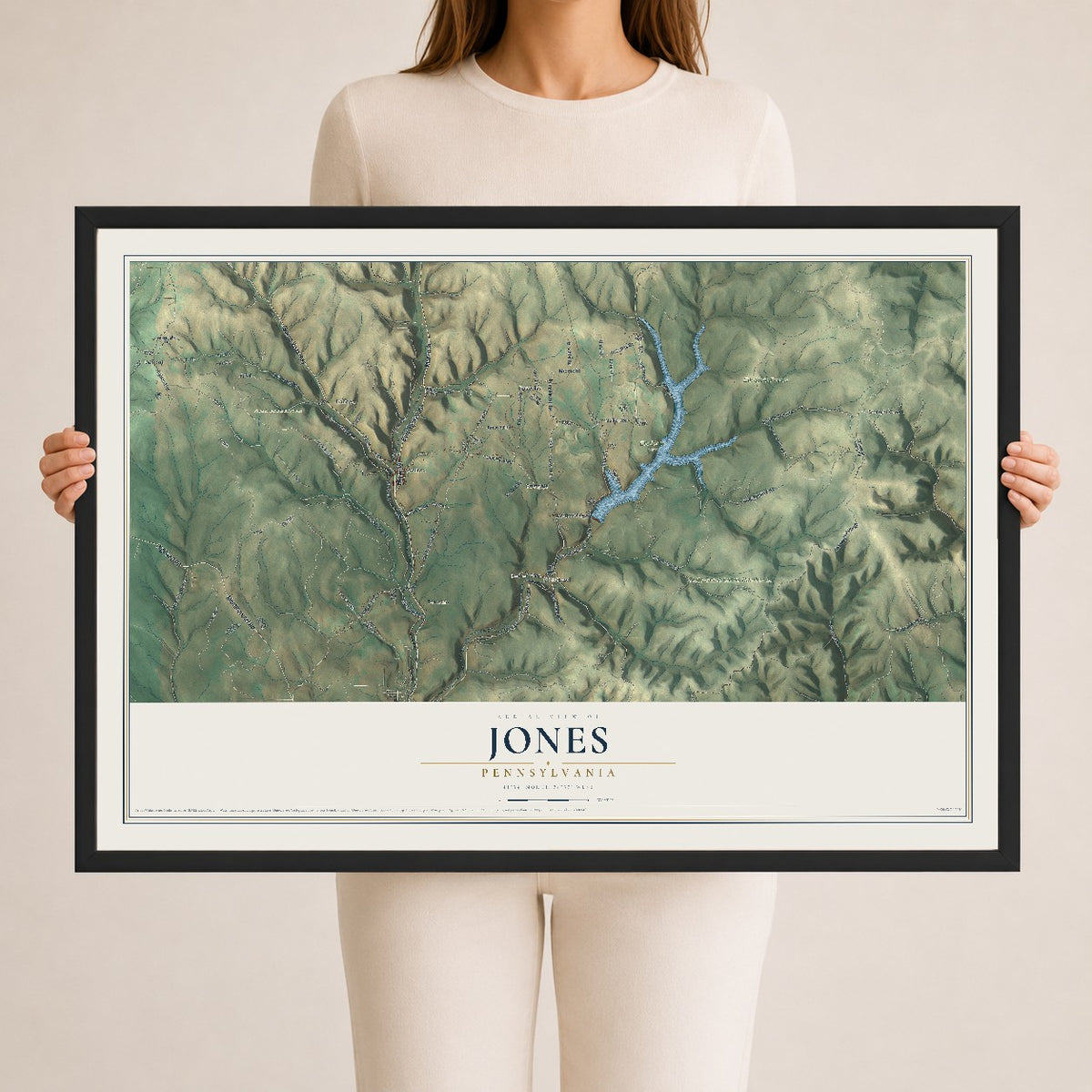 Map of Jones, Pennsylvania, 24 x 36 inch print in a black wood frame