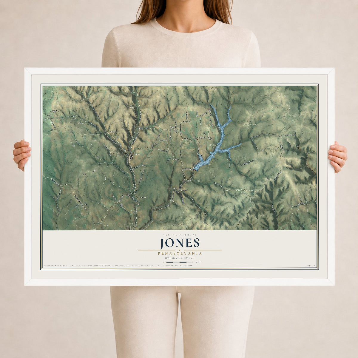 Map of Jones, Pennsylvania, 24 x 36 inch print in a white wood frame