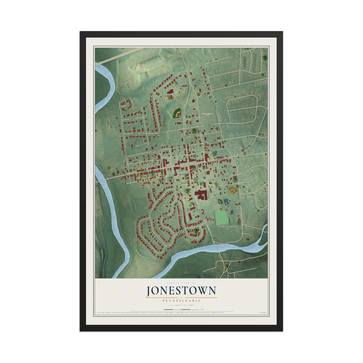Map of Jonestown, Pennsylvania, 12 x 18 inch print in a black wood frame