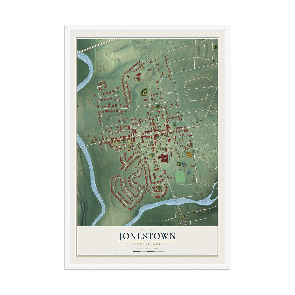 Map of Jonestown, Pennsylvania, 12 x 18 inch print in a white wood frame