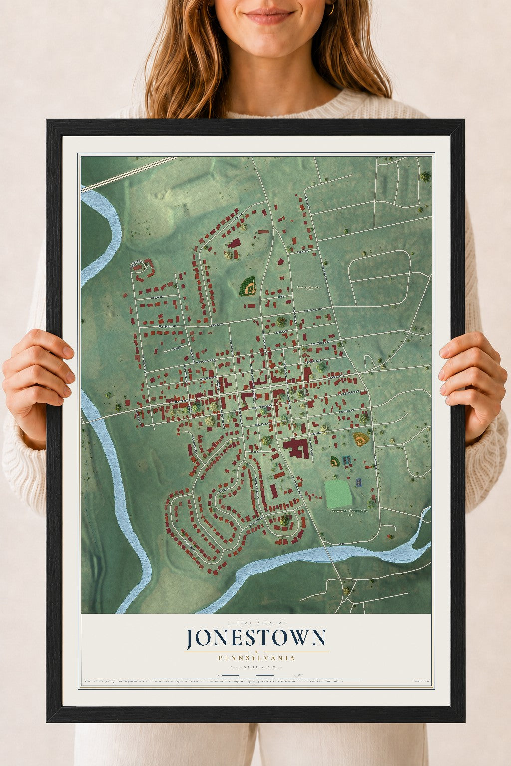Map of Jonestown, Pennsylvania, 18 x 24 inch print in a black wood frame