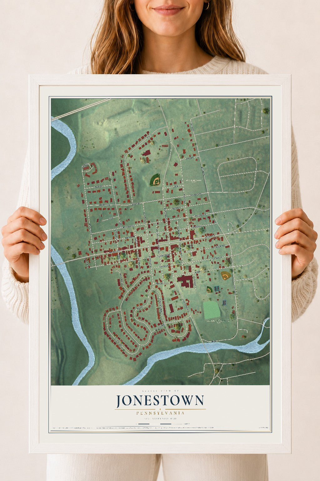 Map of Jonestown, Pennsylvania, 18 x 24 inch print in a white wood frame