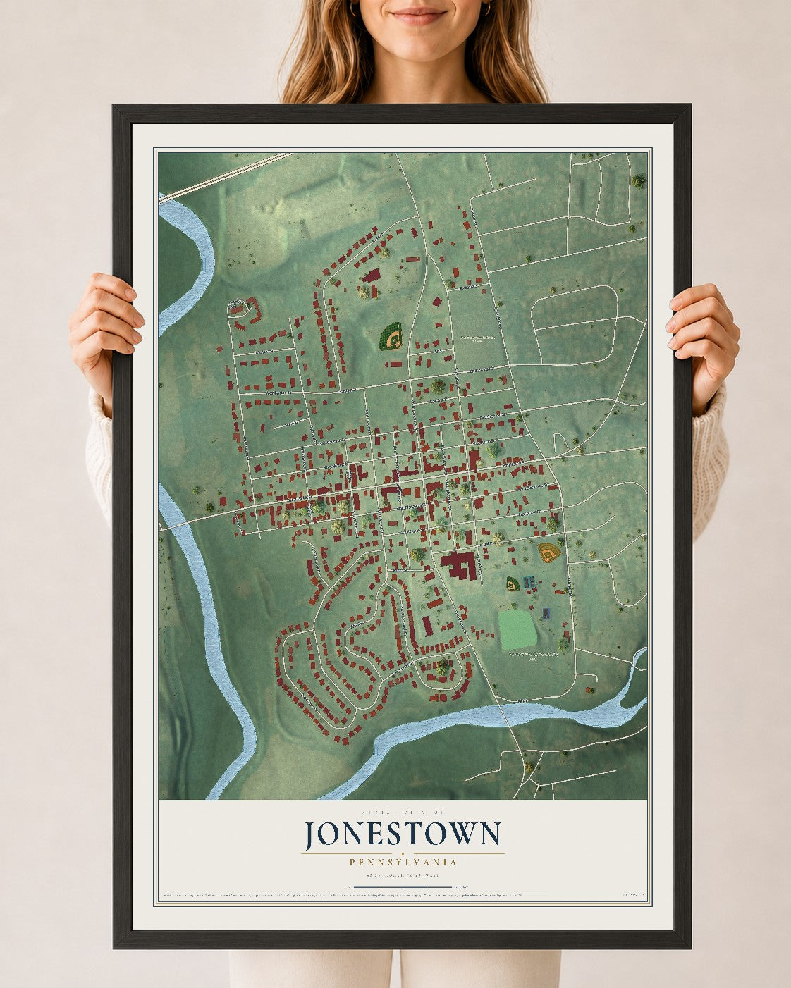 Map of Jonestown, Pennsylvania, 24 x 36 inch print in a black wood frame