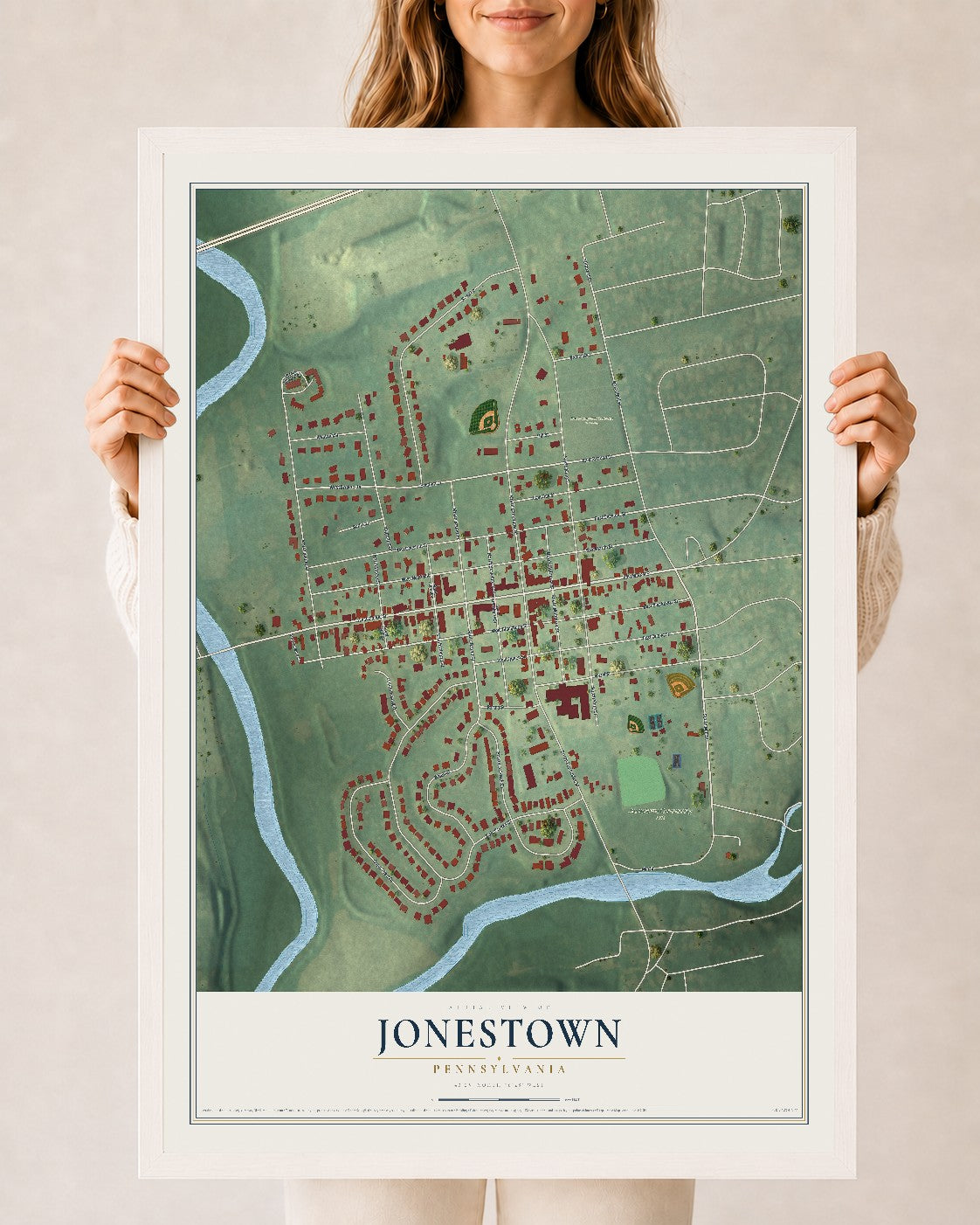 Map of Jonestown, Pennsylvania, 24 x 36 inch print in a white wood frame