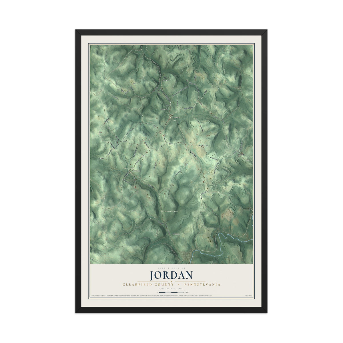 Map of Jordan, Clearfield County, Pennsylvania, 12 x 18 inch print in a black wood frame