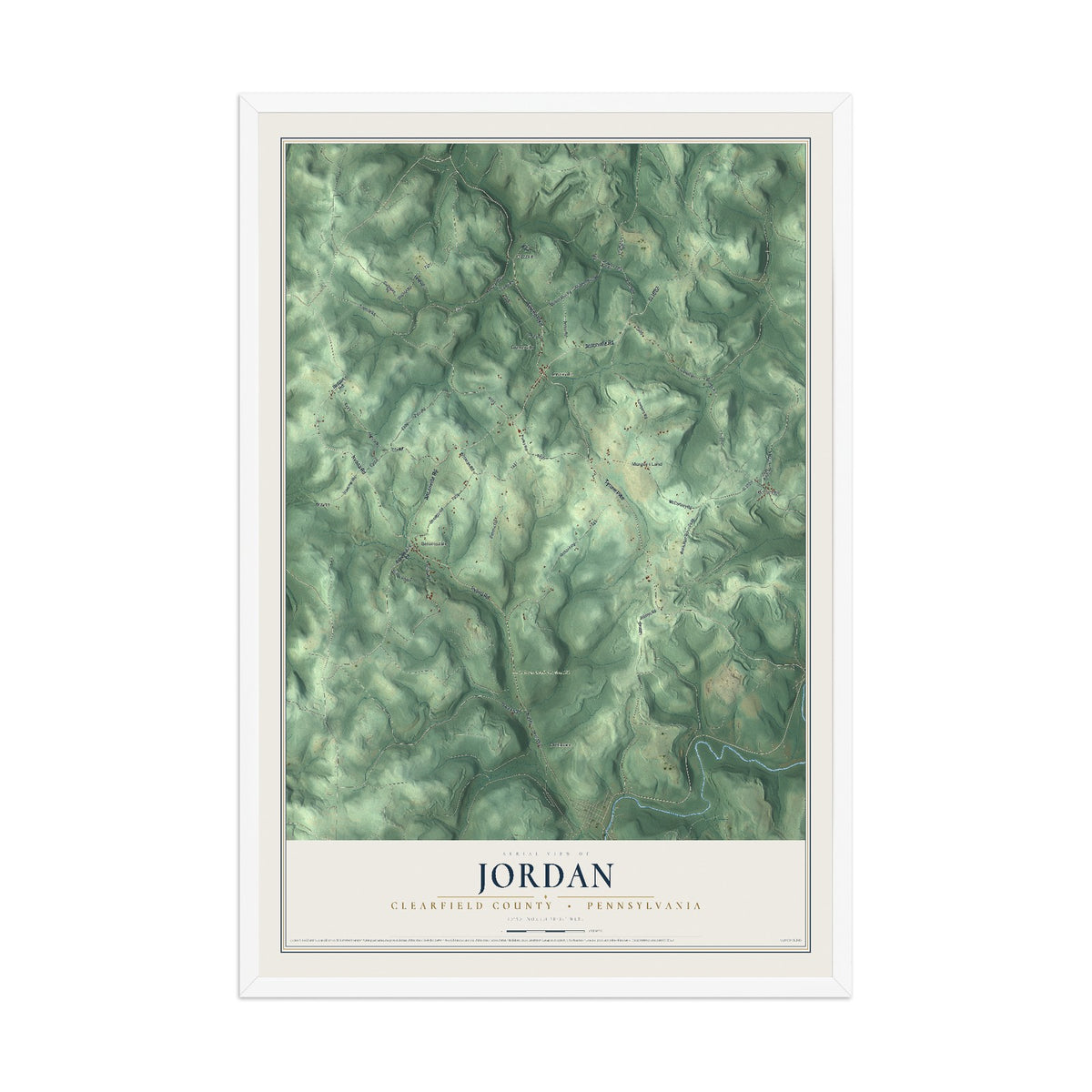 Map of Jordan, Clearfield County, Pennsylvania, 12 x 18 inch print in a white wood frame